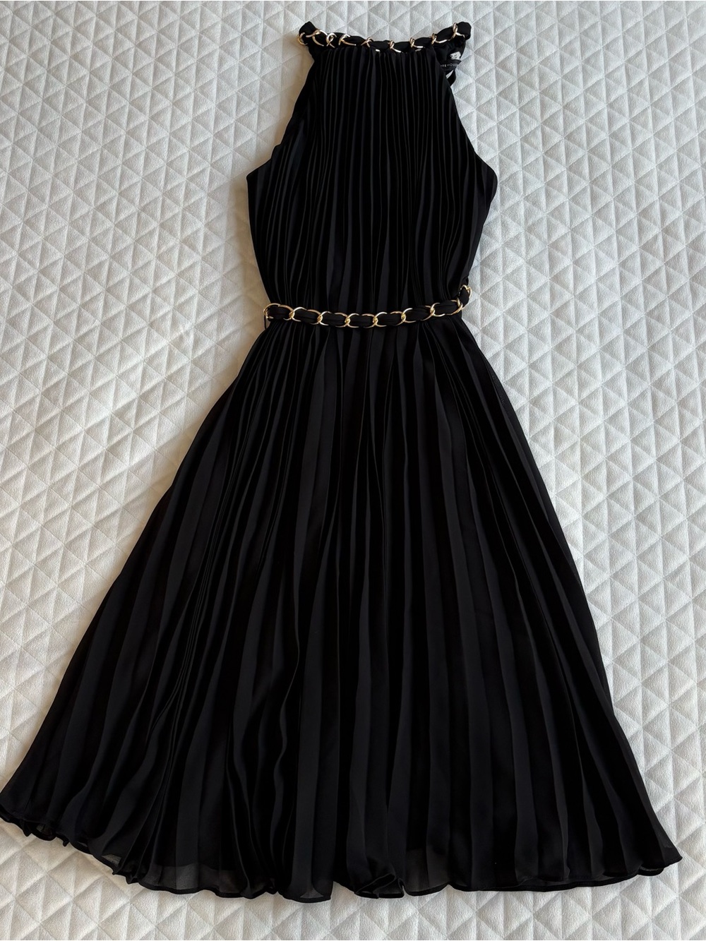 Women’s Pleated Midi Black Dress Size XXS Halter High Neck Gold Tone Chain Party